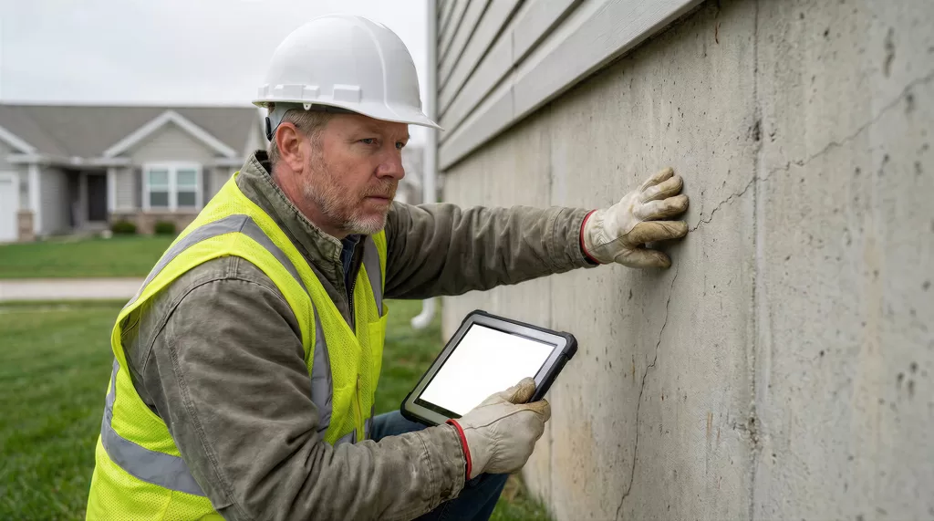 Professional building inspector examining a crack in a concrete