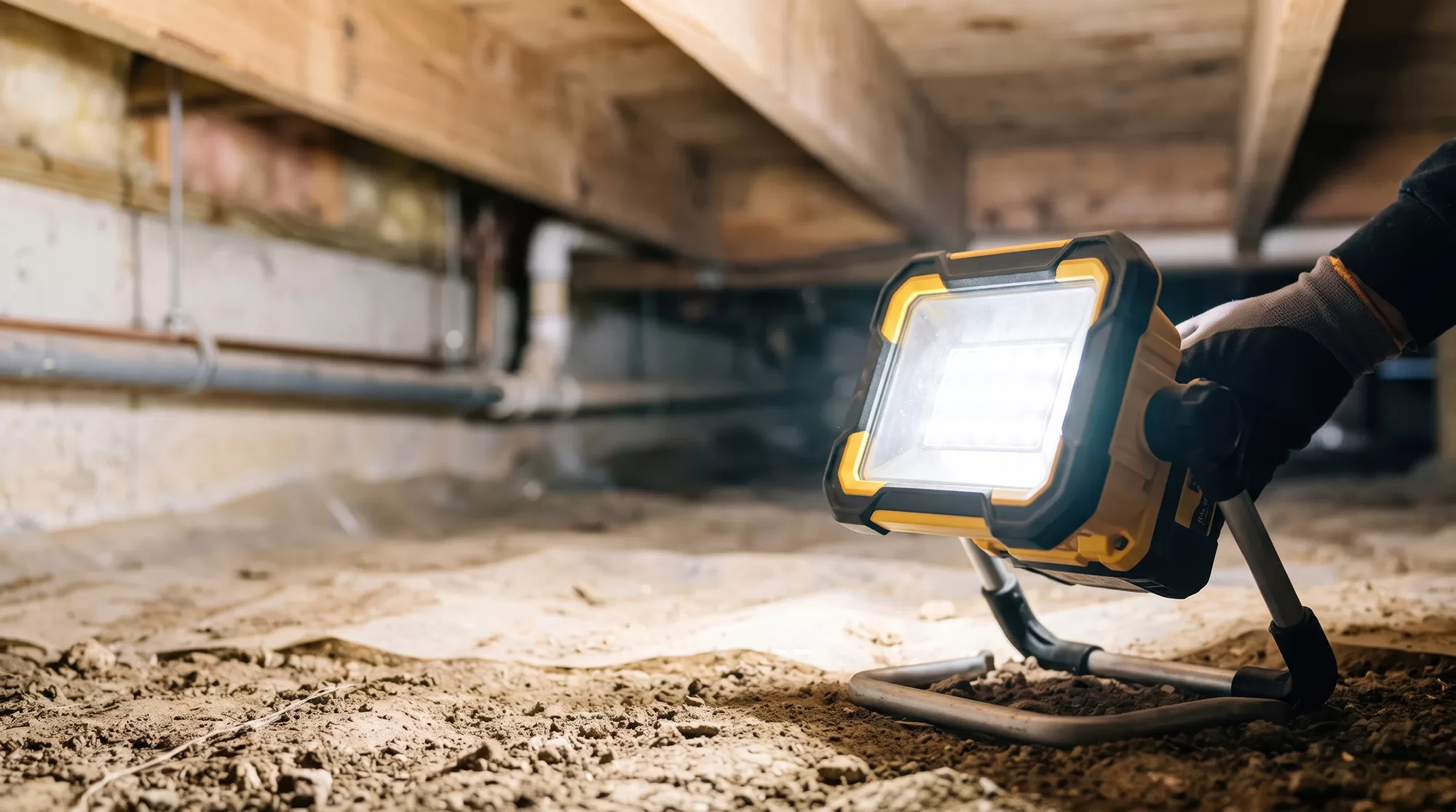 Worker holding portable work light in crawl space for illuminati